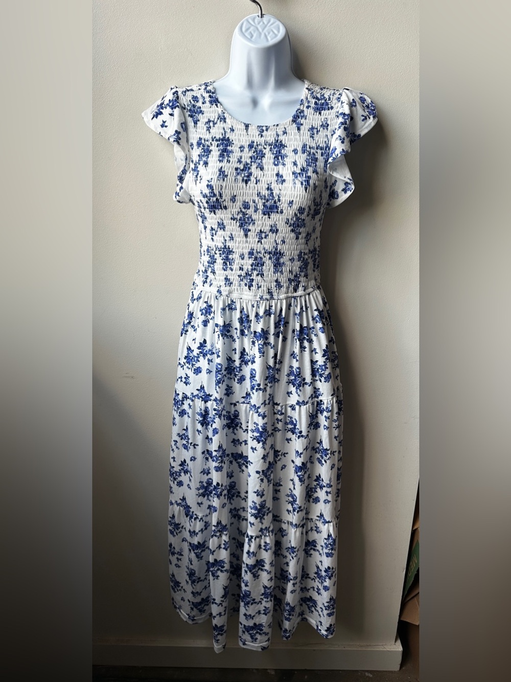 Blue White Floral Smocked Midi Dress Flutter Cap Sleeve Tiered Cottagecore, S/M